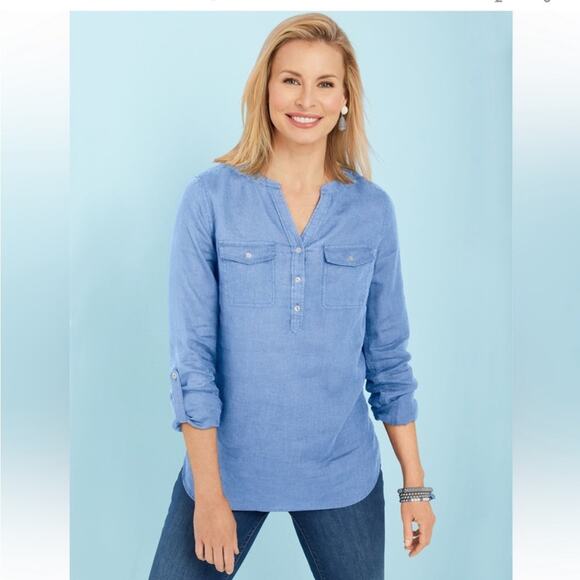 Talbots Light Blue LINEN Camp Blouse Size LARGE PETITE - Picture 10 of 10